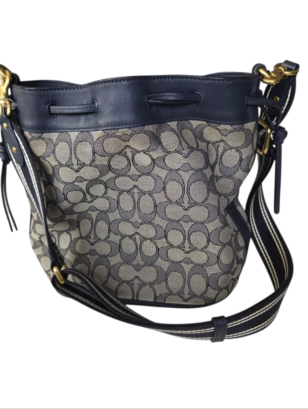 Coach Signature Canvas Bucket Bag Navy Crossbody Drawstring Leather Trim - Picture 5 of 7